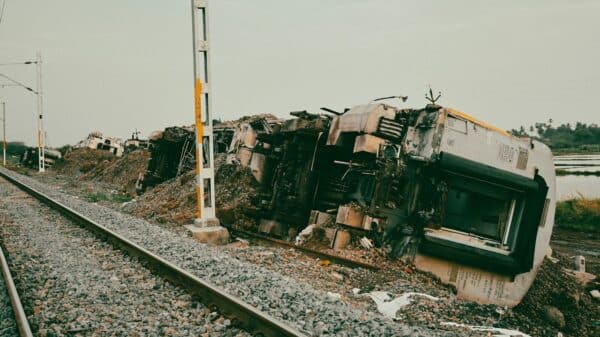 A train appears derailled and severely damaged