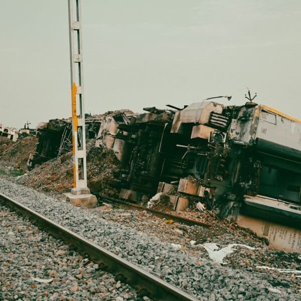A train appears derailled and severely damaged